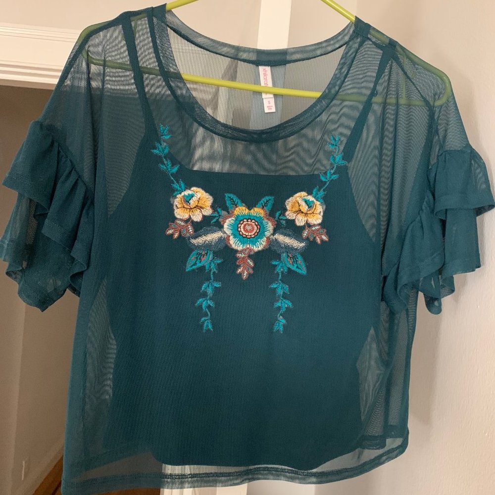 Green Mesh embroidered top